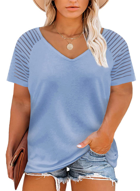 Happy Sailed Womens Plus Size Tops V Neck Striped Mesh Patchwork Short Sleeve Casual Loose Blouses Shirts,2X Sky Blue