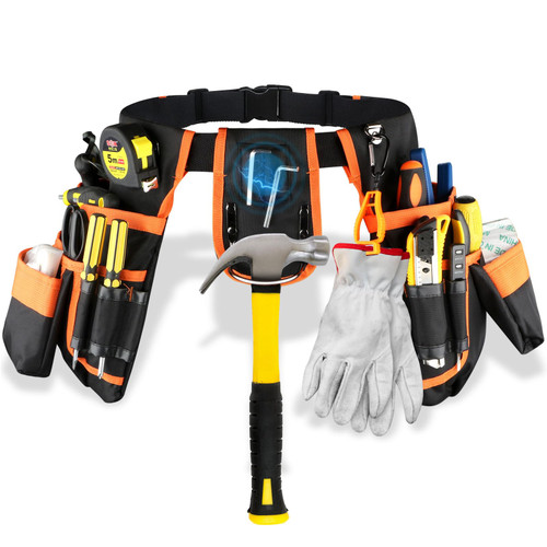 Lahien Adjustable Tool Belts for Men with with 26 Pockets,Heavy Duty Magnetic Tool Pouch Bag,Detachable Tool Bags for Electrician, Carpenter,Construction,Utility Belt