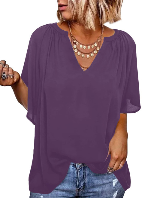 Dokotoo Womens 2024 Plus Size Summer Tops Business Casual Dressy Short Sleeve Shirts V Neck Pleated Tunic Tops Loose Cute Bell Sleeve Chiffon Blouses Purple Tops for Women X-Large