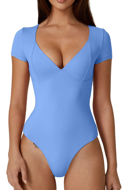 QINSEN Sweetheart Neckline Shirt for Women Short Sleeve High Leg Thong Bodysuit Tops Sky Blue M