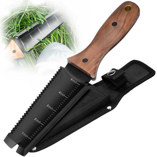 PERWIN Hori Hori Garden Knife, Garden Tools with Sheath, 6" Stainless Steel Blade with Cutting Edge, Full-Tang Walnut Ergonomic Wood Handle with Hanging Hole, Weeding, Planting, Digging