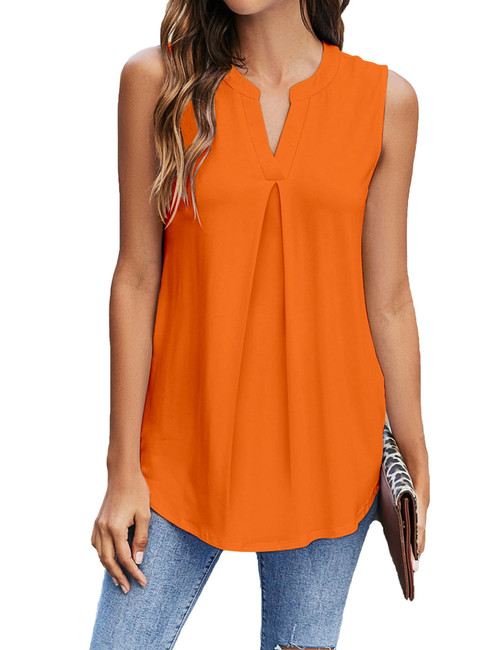 Newchoice Womens Loose Tank Tops Dressy Casual Summer Tops Pleated V Neck Sleeveless Blouses Shirts (Orange, M)