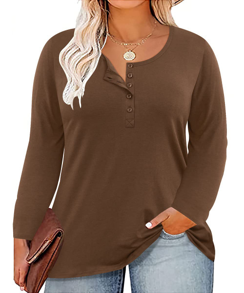 CARCOS Plus Size Tops for Women 3X Long Sleeve Pullover Crewneck T Shirts Button up Henley Blouses Solid Color Tunics Brown 3XL 22W 24W