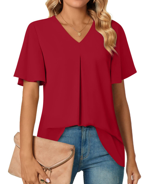 Anyally Women's Summer Dressy Chiffon Blouses Plus Size V Neck Ruffle Short Sleeve Tunic Tops for Leggings Casual T-Shirts, 2XL Red Anyally Women's Summer Dressy Chiffon Blouses Plus Size V Neck Ruffle Short Sleeve Tunic Tops for Leggings Casual T-Shirts, 2XL Red