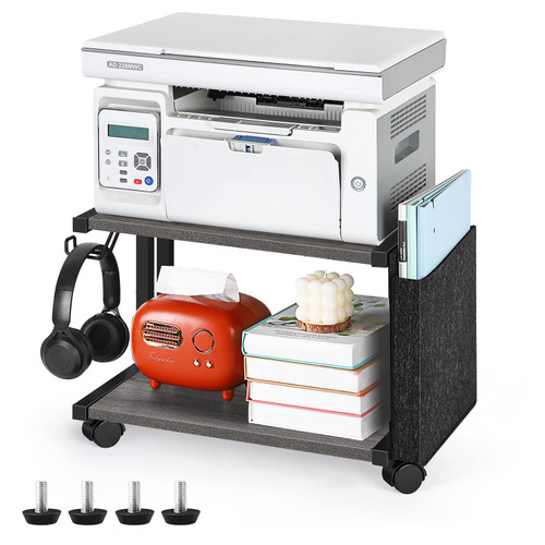 melos Printer Stand, 2-Tier Printer Stand with Storage, Mobile Printer Cart Shelf with Wheels, Under Desk Printer Stand for Fax Machine, Copier, Scanner, Printer, Scanner, Dark Grey