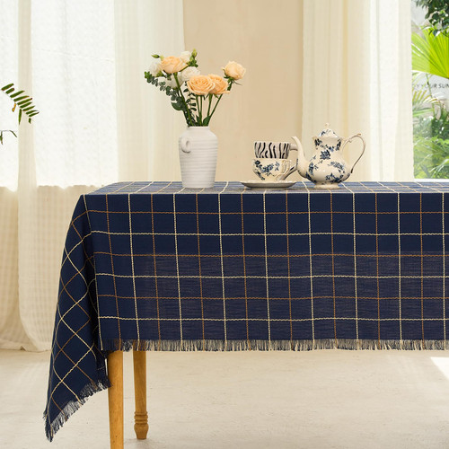 Midsummer Breeze Table Cloth Rectangle Table-Rustic Cotton Tablecloth Craft Fringed Farmhouse Table Cloths for Kitchen Dining (55x70 Inch, Navy Plaid)