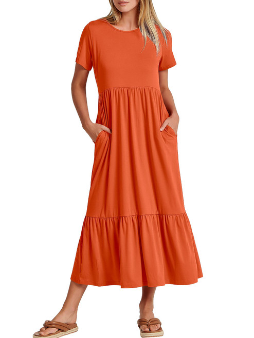 ANRABESS Women's Summer Casual Short Sleeve Crewneck Loose Swing Dress Flowy Comfy Tiered Maxi Beach Dress 2024 Fashion Long T Shirt Dresses Pockets 727juse-L Orange