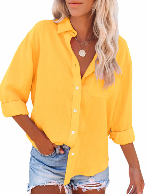 Paintcolors Women's Button Down Shirts Cotton Long Sleeve Blouses V Neck Casual Tunics Solid Color Tops with Pockets-Yellow03 L