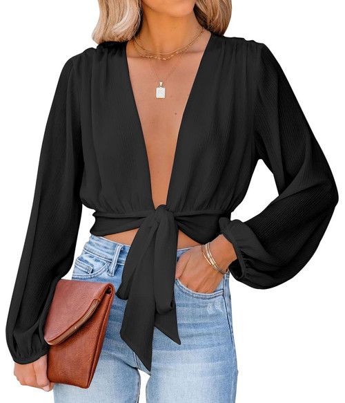 LYANER Women's Deep V Neck Tie Front Knot Long Sleeve Sexy Wrap Crop Top Blouse Solid Black XX-Large