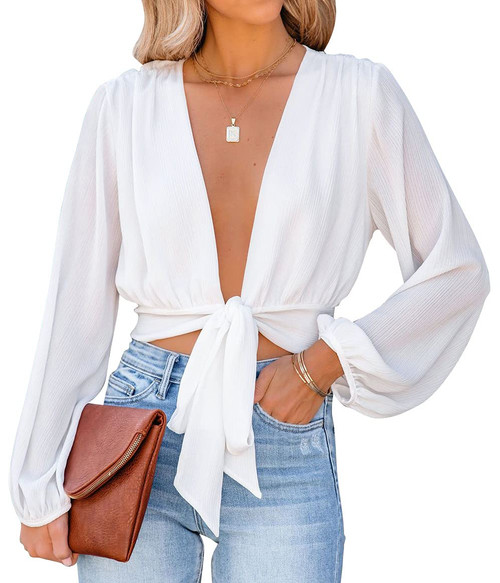 LYANER Women's Deep V Neck Tie Knot Front Long Sleeve Sexy Wrap Cover Ups Crop Top Blouse White Medium LYANER Women's Deep V Neck Tie Knot Front Long Sleeve Sexy Wrap Cover Ups Crop Top Blouse White Medium
