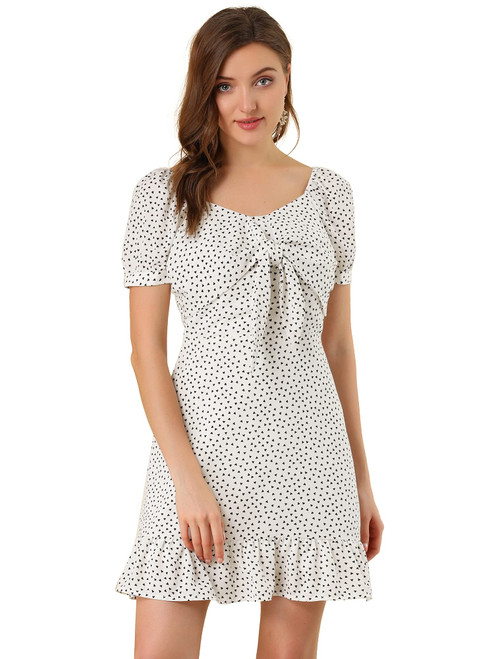 Allegra K Women's Heart Sweetheart Neckline Puff Sleeve Ruffled Hem Tie Knot Mini Dress X-Small White