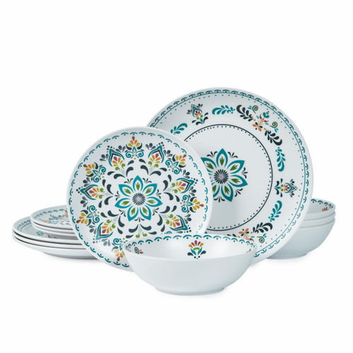 Yinshine Melamine Dinnerware Set - 12pcs Plates and Bowls Set for 4 - Dinner Dishes for Outdoor & Indoor Use - Break-resistant - Dishwasher Safe