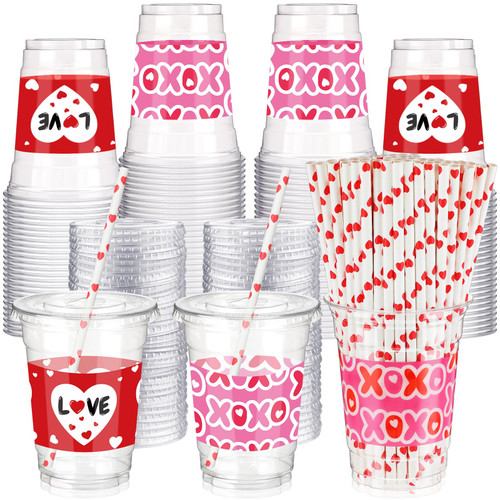 300 Pcs 12 oz Valentine's Day Plastic Party Cups with Lids and Straw Happy Valentine's Day Plastic Cup Valentine's Day Disposable Clear Cups Red Pink Plastic Cup Cups Drinking Set for Party Supply