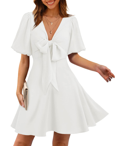 SAMPEEL White Beach Dress for Women Graduation Dress for Women Puff Sleeve Dress M