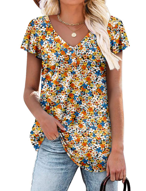 ROSELINLIN Womens Short Sleeve Floral Tunic Top V Neck Orange Yellow T Shirts Loose Fit Ruffle Sleeve Summer Tops M