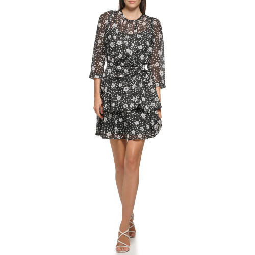 Karl Lagerfeld Paris Women's Ruffle Waist Detail Floral Dress, Black Soft White