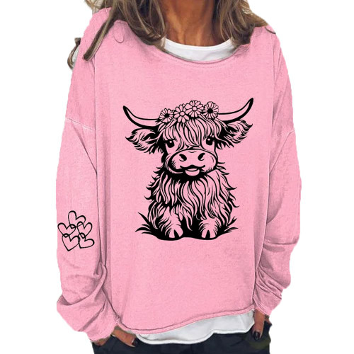 TEBUCIRD Highland Cow Sweatshirts for Women Cowgirl Highland Cow Hoodie Funny Cow Shirt Pink