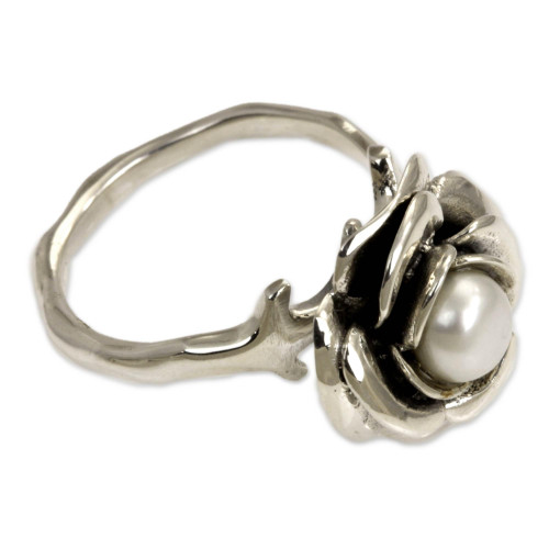NOVICA Artisan Handmade Cultured Freshwater Pearl Flower Ring Crafted .925 Sterling Silver White Single Stone Indonesia Floral Birthstone Peace 'White Rose'
