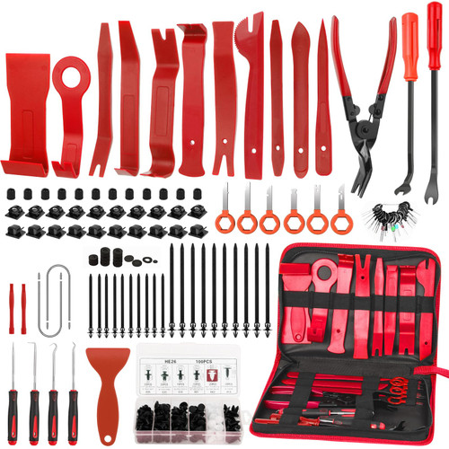GLK 248pcs Auto Trim Removal Tool Set, Pry Tool, Radio Removal Tool, Door Panel Removal Tool Kit, Fasteners Remover, with Car Clips, red