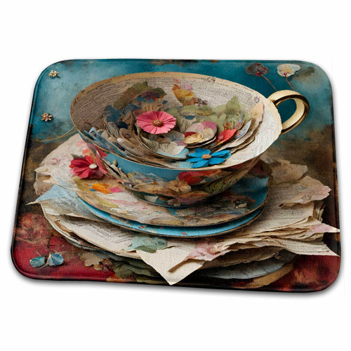 3dRose Vintage Teacup Mixed Media Collage - Dish Drying Mats (ddm-385440-1)