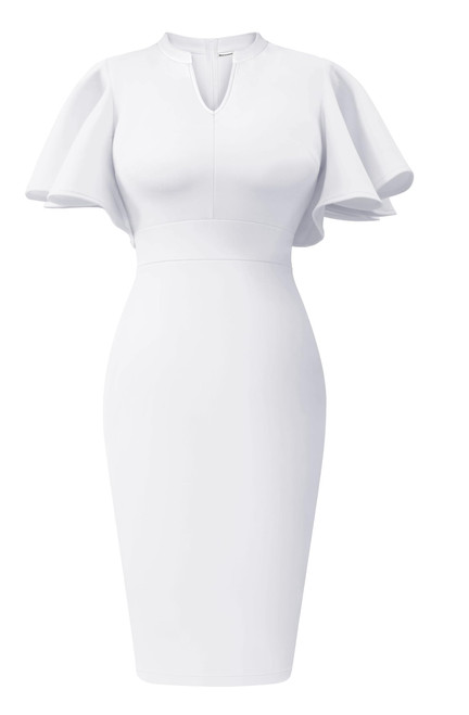 Memoriesea Women's Elegant Ruffle Sleeve Formal Party Cocktail Pencil Midi Dress White