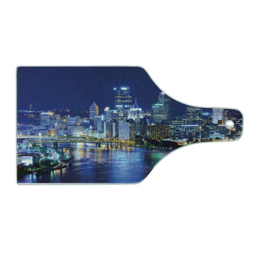 Lunarable Cityscape Cutting Board, Skyscrapers Downtown Pittsburgh American Night Skyline Business Town Scenery, Tempered Glass Serving Board, Wine Bottle Shape, Medium Size, Night Blue