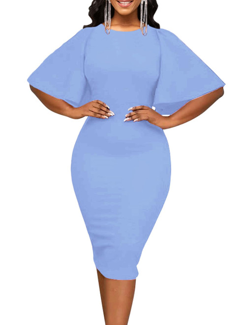 Women's Basic Bodycon Ruffle Flared Short Sleeve Pencil Midi Dress, Lightblue