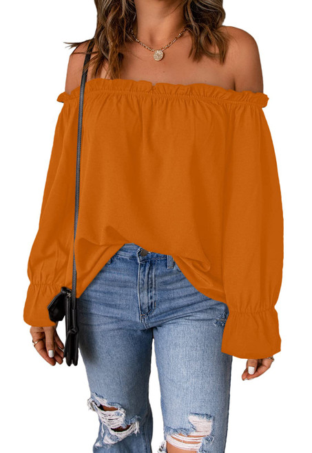 Spriolim Women's Off Shoulder Fashion Fashion Tops Casual Long Sleeve Chiffon Shirt Blouses Orange, Large