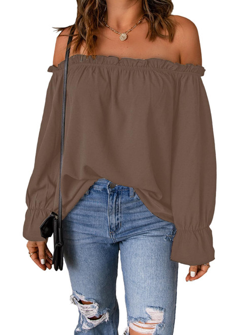 Spriolim Women's Off Shoulder Top Long Sleeve Ruffle Shirt Fashion Cute Casual Chiffon Blouses Brown, Medium