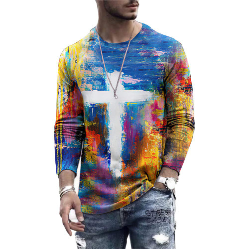 Men's Vintage Oil Painting Faith Jesus Cross Print Casual T-Shirt Round Neck Pullover Tie Dye Sweatshirt Long Sleeve Shirts White Men's Vintage Oil Painting Faith Jesus Cross Print Casual T-Shirt Round Neck Pullover Tie Dye Sweatshirt Long Sleeve Shirts White