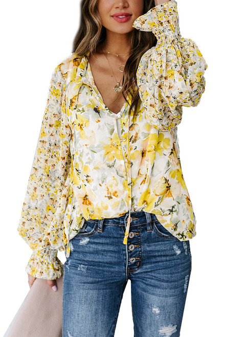 SHEWIN Women's 2024 Spring Casual Bohemian Clothes Floral Print Long Sleeve Tops Loose V Neck Button Down Shirt Flowy Peasant Blouses for Women,US 8-10(M),Floral Yellow