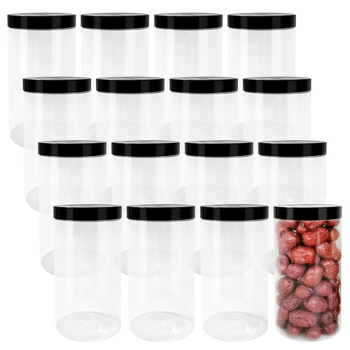 UEJYWUY 16 Pack 32 Oz Plastic Jars With Screw Lids, Wide Mouth Empty Clear Plastic Storage Container, Food Grade Large Round Jar for Household and Kitchen Organizing