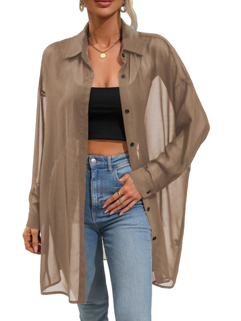 Floerns Women's Sheer Drop Shoulder Blouse Long Sleeve Collar Button Loose Shirts Tops Khaki L