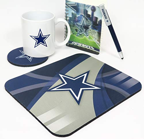 Dallas Cowboys Computer Workstation 5 Pieces Set. Includes Jumbo 15 oz Coffee Mug, Compact Neoprene Mouse pad, Coaster, Spatial Journal pad and Pen,