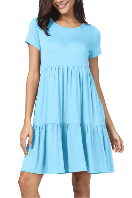 levaca Women Summer Plain Short Sleeve Loose Swing Casual Tunic Dress Sky Blue M