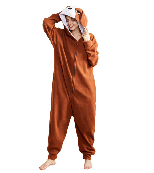 Focupaja Unisex Dog Onesie Adult Halloween Animal Cosplay Pajamas Jumpsuit Party Costume One Piece Homewear Sleepwear Brown S