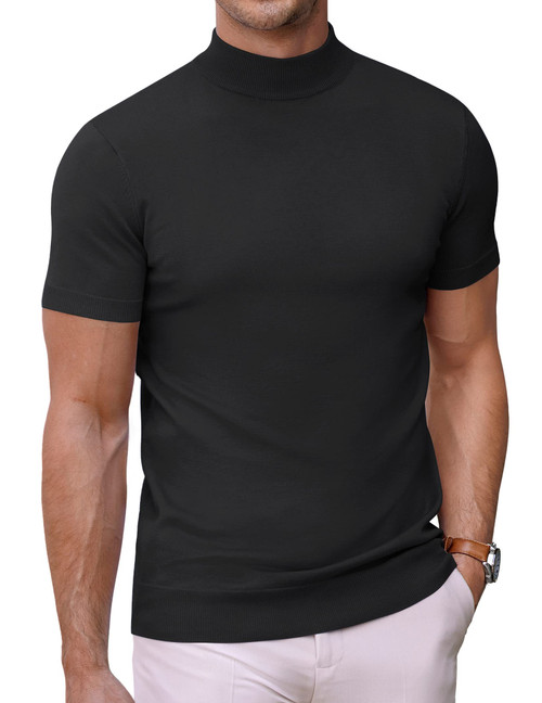 COOFANDY Mens Mock Turtleneck Sweater Short Sleeve Solid Color T-Shirts Basic Slim Fit Knitted Pullover Tees Black 3X-Large