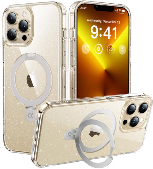 CASEKOO Designed for iPhone 13 Pro Case with Magnetic Invisible Stand [Military Drop Protection] [Compatible with MagSafe] Shockproof Transparent Phone Cases 6.1'' 2021, Clear Glitter