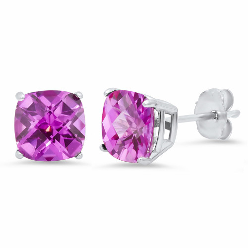 925 Sterling Silver 8mm Cushion Cut September Birthstone Created Pink Sapphire Stud Earrings for Women by MAX + STONE