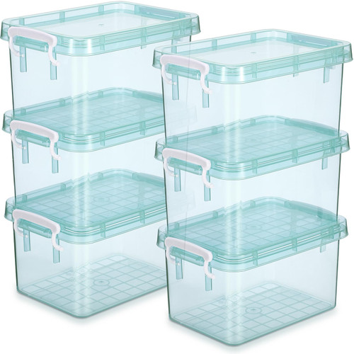 Wenqik 6 Pack Colorful Plastic Storage Bins with Lids 4 Quart Small Storage Latch Box Stackable and Nestable Clear Storage Organizer Bins with Latching Handle and Buckle for Organizing(Cyan)