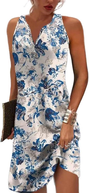 White Blue Floral XL Summer Dresses for Women 2024 Vacation V Neck Sleeveless Boho Floral Sundress Vintage Casual A-line Beach Dress