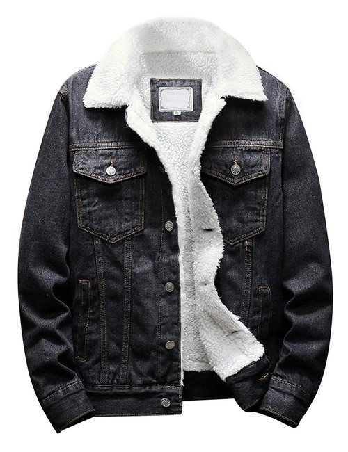 Omoone Men's Lapel Sherpa Fleece Lined Thicken Denim Jean Trucker Jacket Coats (Retro Black Fleece White, M)