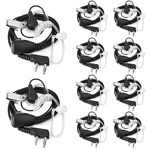 TOMSENN 2-Pin Covert Acoustic Tube Walkie Talkie Earpiece  Two Way Radio Earpiece with a PTT Mic - Compatible with Walkie Talkie Headset Brands (Kenwood, Puxing, Wouxun, Baofeng)  Pack of 10