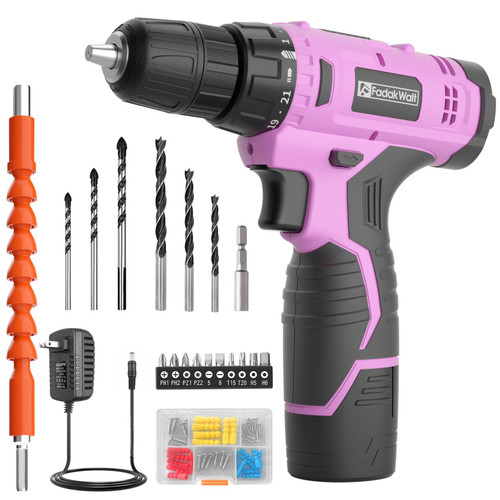 FADAKWALT Cordless Drill Set, 12V Power Drill Set with Battery and Charger, 3/8'' Keyless Chuck, 21+1 Torque Setting, 180 inch-lbs, Pink Electric Drill for Women's Garden DIY Projects?Pink)