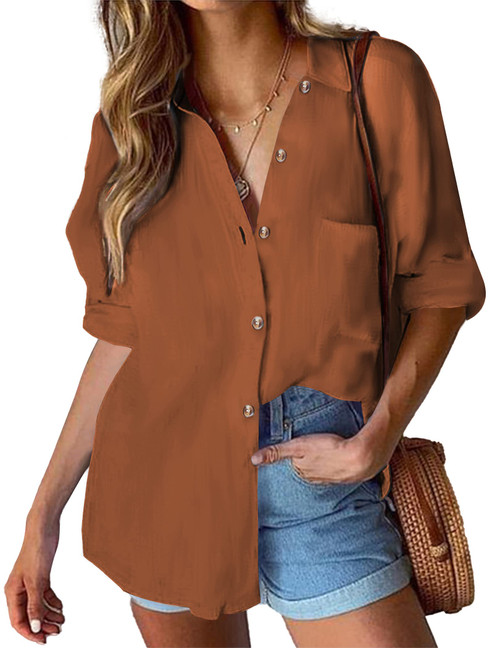 HOTOUCH Linen Button Down Shirt Women Cotton Shirts Loose Fit Long Sleeve V Neck Collar Work Blouse Brown M