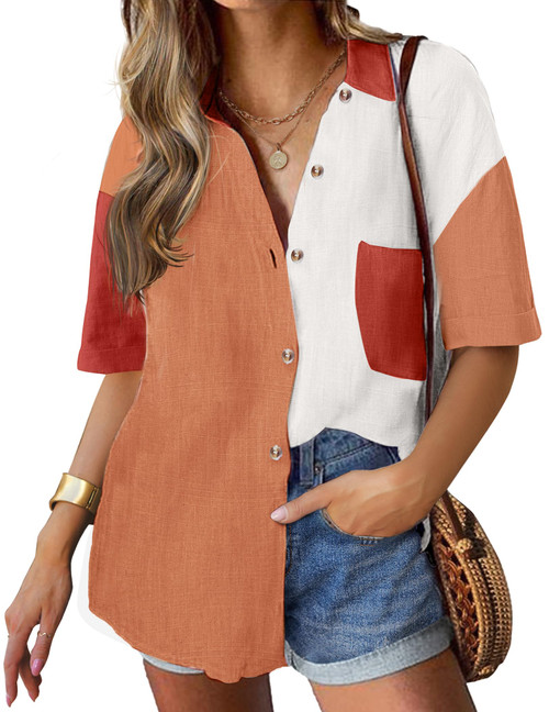 HOTOUCH White Coral Orange Button Down Shirt Women V Neck Collared Short Sleeve Casual Business Cotton Linen Blouses Tops
