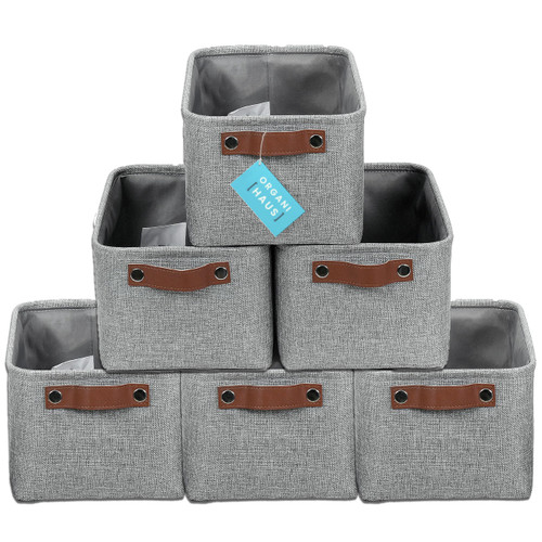 OrganiHaus Small Fabric Storage Baskets for Shelves 6 Pack | 12x8in Closet Storage Bins for Shelves | Cloth Baskets for Organizing | Linen Closet Organizers | Fabric Basket - Gray Basket