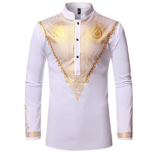 OIWLCI Men's African Traditional Printed Dashiki Luxury Hidden Button Long Sleeve Blouse Shirt(W,M) White