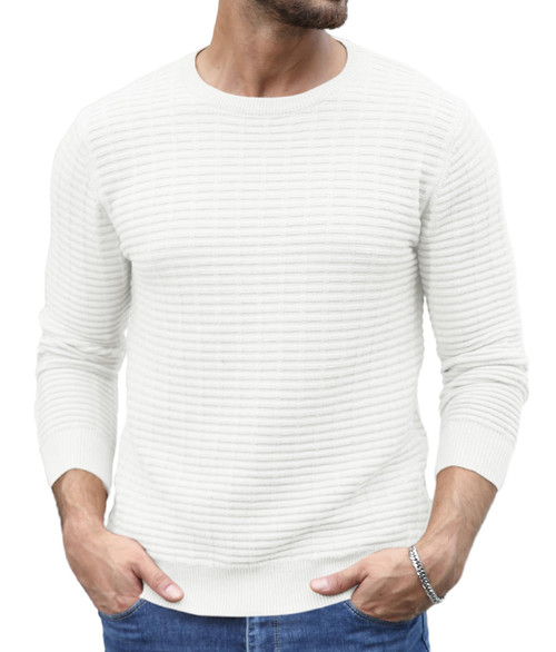 Askdeer Men's Cable Knit Sweater Casual Crewneck Textured Sweater Long-Sleeve Fisherman Pullover Sweater White