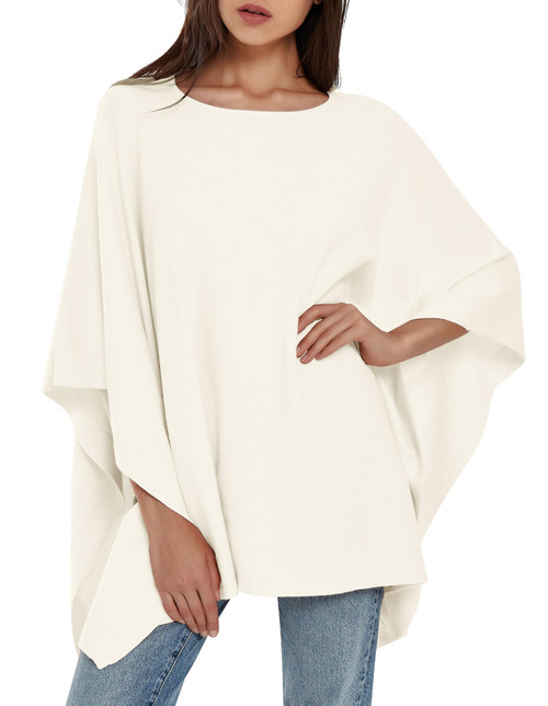 Womens Pullover Poncho Sweater Cashmere Feel Shawl Loose Fitting Ponchos Wraps Baggy Tops for Fall Winter white